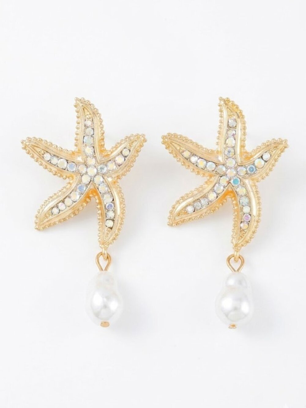 🆕 White Crystal Starfish & Pearl Dangle Earrings Coastal Beach Style NWOT